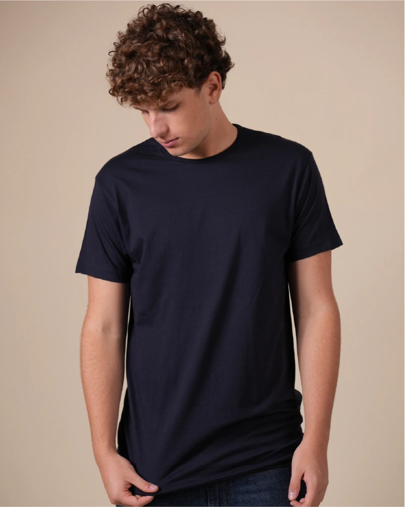 Alan Red Derby men's navy blue short-sleeve crew-neck T-shirt, front view worn by model.