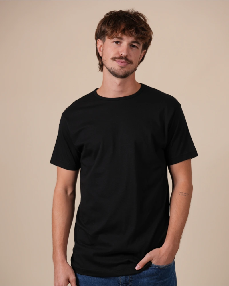 Alan Red Derby men's black short-sleeve crew-neck T-shirt, front view worn by model.