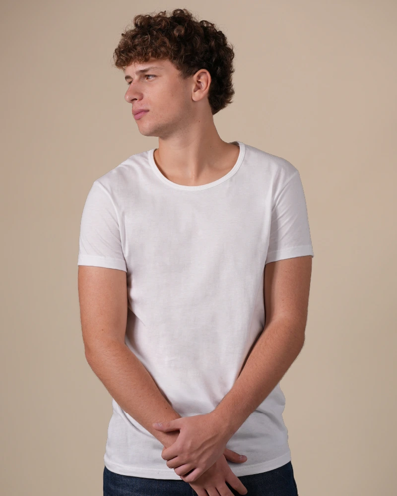 Alan Red James men's white short-sleeve T-shirt with a wide crew neck, front view worn by model.