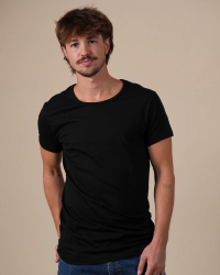 Alan Red James men's black short-sleeve T-shirt with a wide crew neck, front view worn by model.