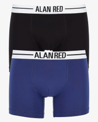 Alan Red Lasting men's 2-pack boxer briefs in ultramarine blue and black, featuring a white branded waistband, front view.